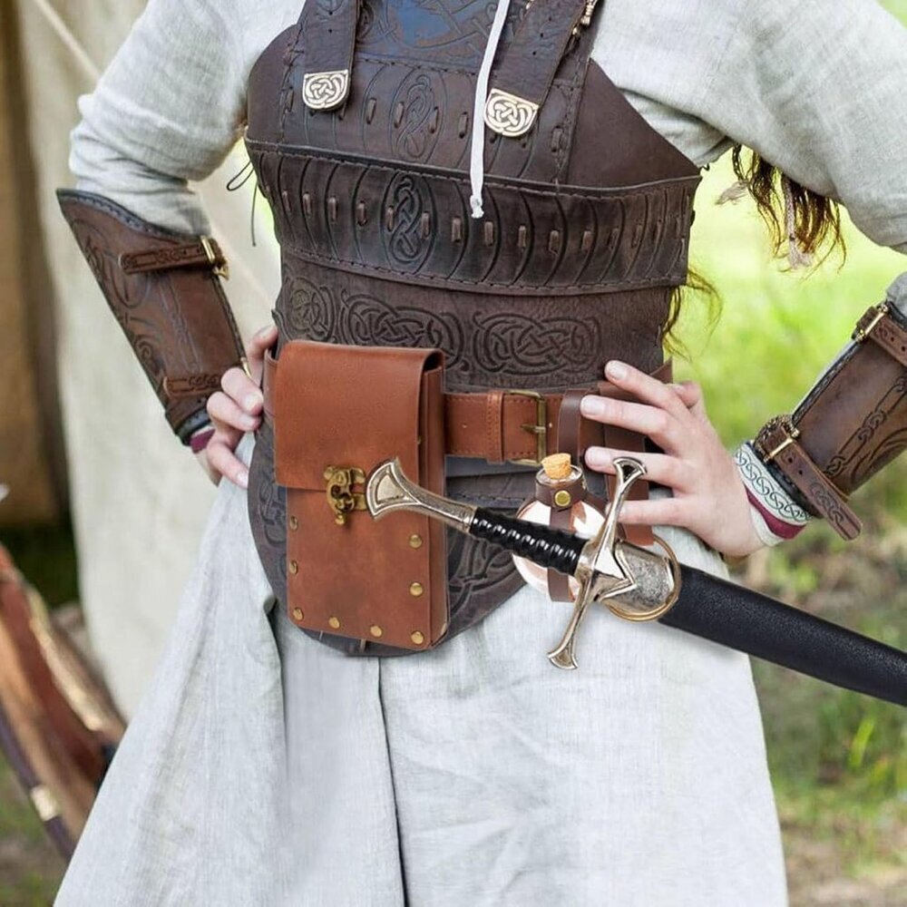 Steampunk Tri_Brown Leather Belt Pouch Waist Bag Medieval Phone Holder CosplayX - Picture 7 of 7